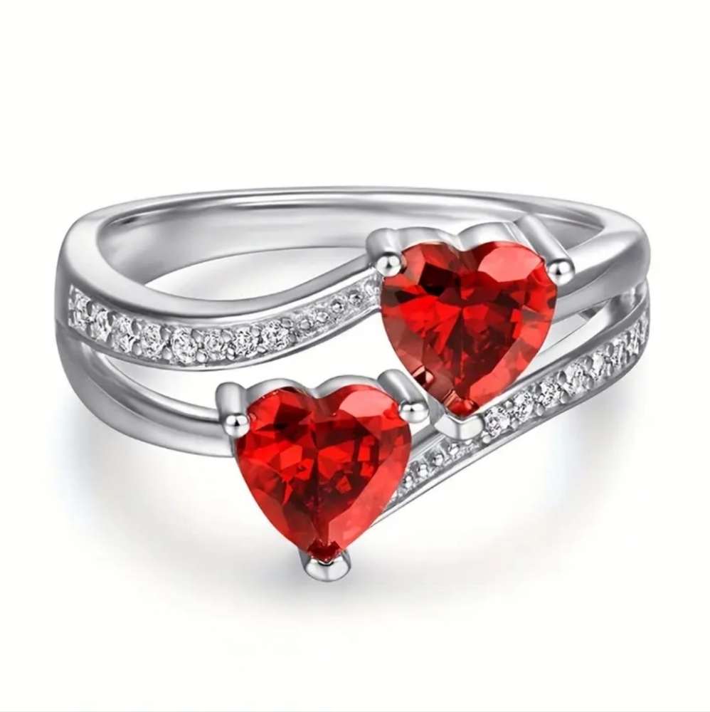 Red Cubic Zirconia Heart Silver Ring